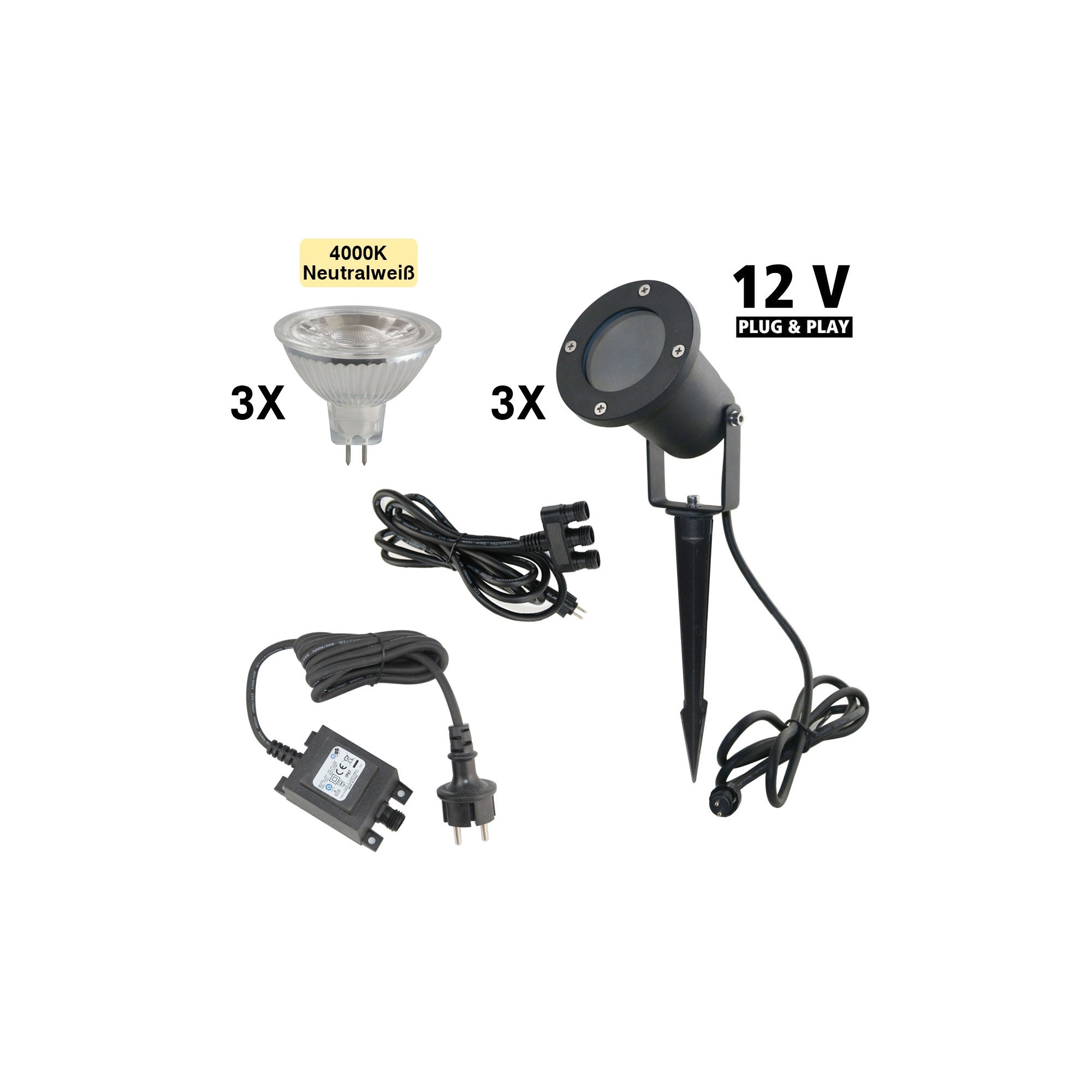 Set of 3 garden spotlights 12V AC incl. bulb 5W neutral white, ground spike and power supply unit Set of 3 garden spotlights 12V AC incl. bulb 5W neutral white, ground spike and power supply unit