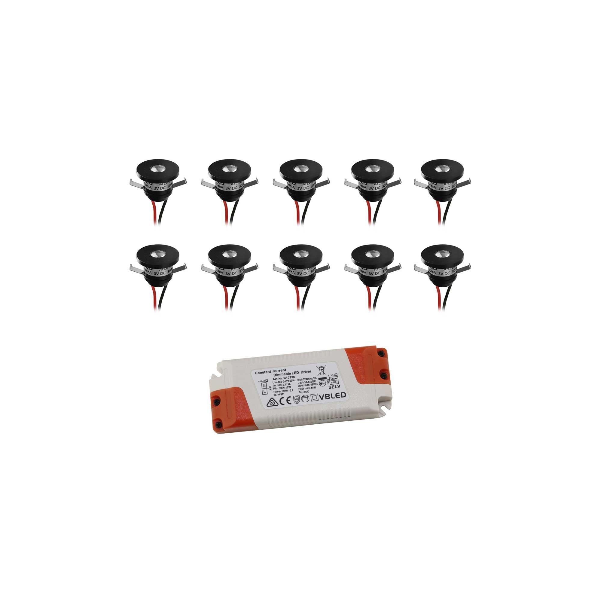 Set van 10 1W LED aluminium mini inbouwspots warm wit met dimbare voeding - Zwart Set van 10 1W LED aluminium mini inbouwspots warm wit met dimbare voeding - Zwart