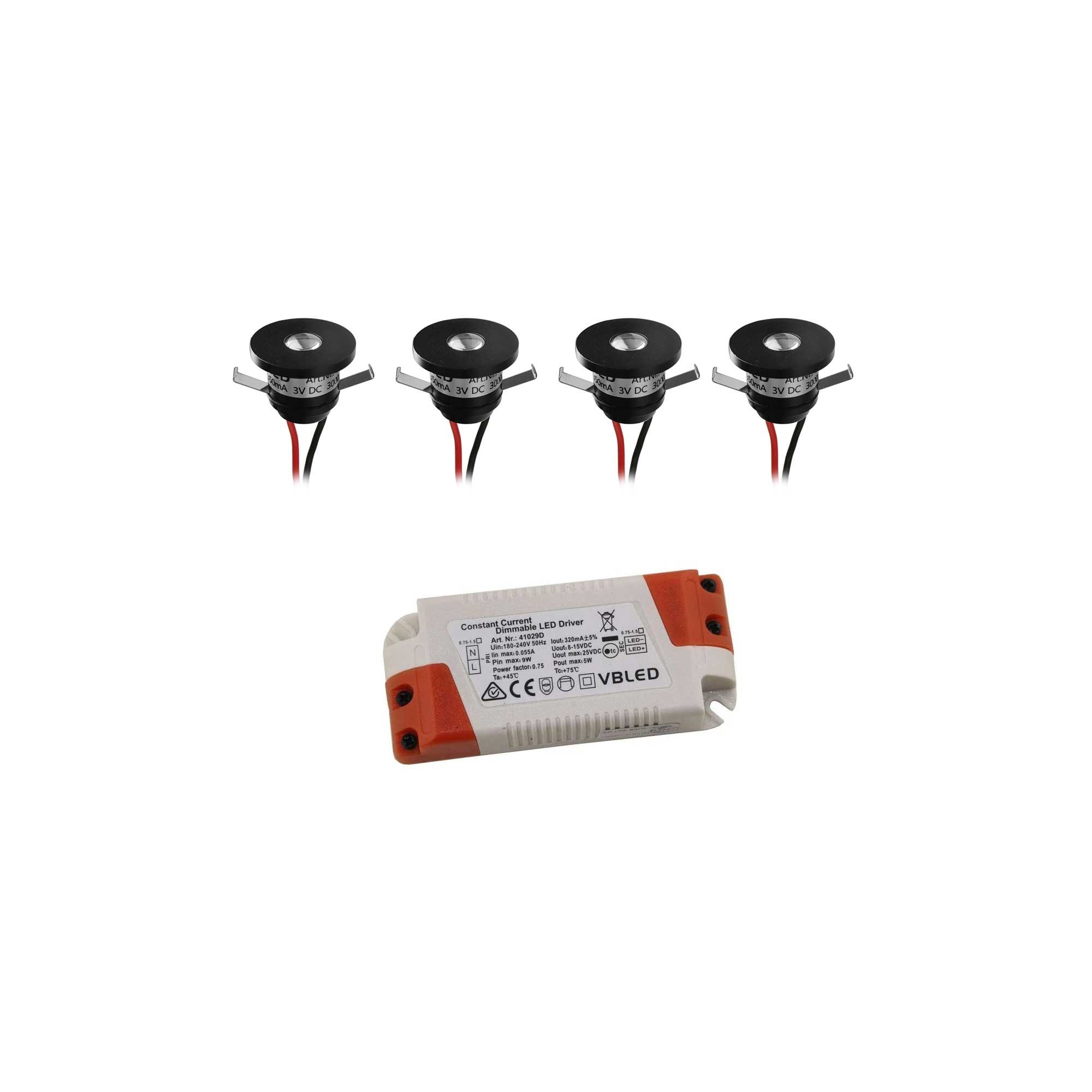 4er-Set LED Aluminium Mini Einbaustrahler 3000K mit dimmbar LED Trafo - Schwarz 4er-Set LED Aluminium Mini Einbaustrahler 3000K mit dimmbar LED Trafo - Schwarz