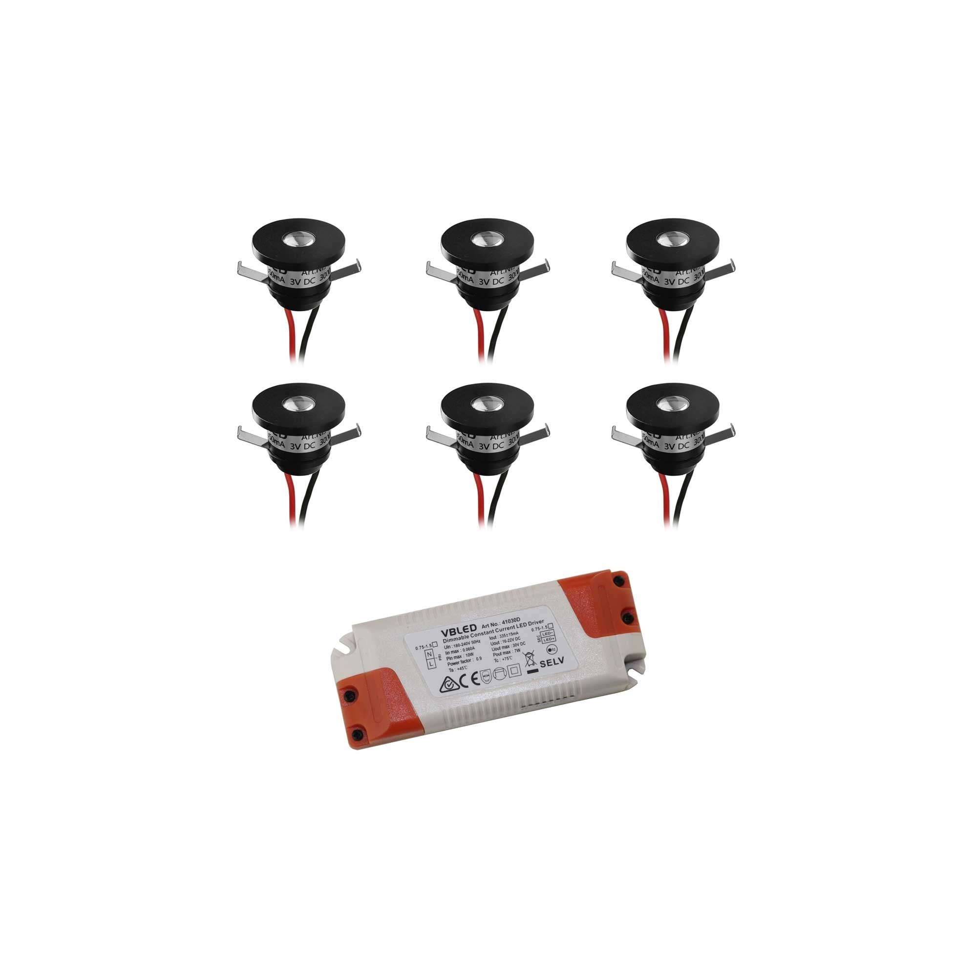 6er-Set 1W LED Aluminium Mini Einbaustrahler warmweiß mit dimmbaren Netzteil - Schwarz 6er-Set 1W LED Aluminium Mini Einbaustrahler warmweiß mit dimmbaren Netzteil - Schwarz