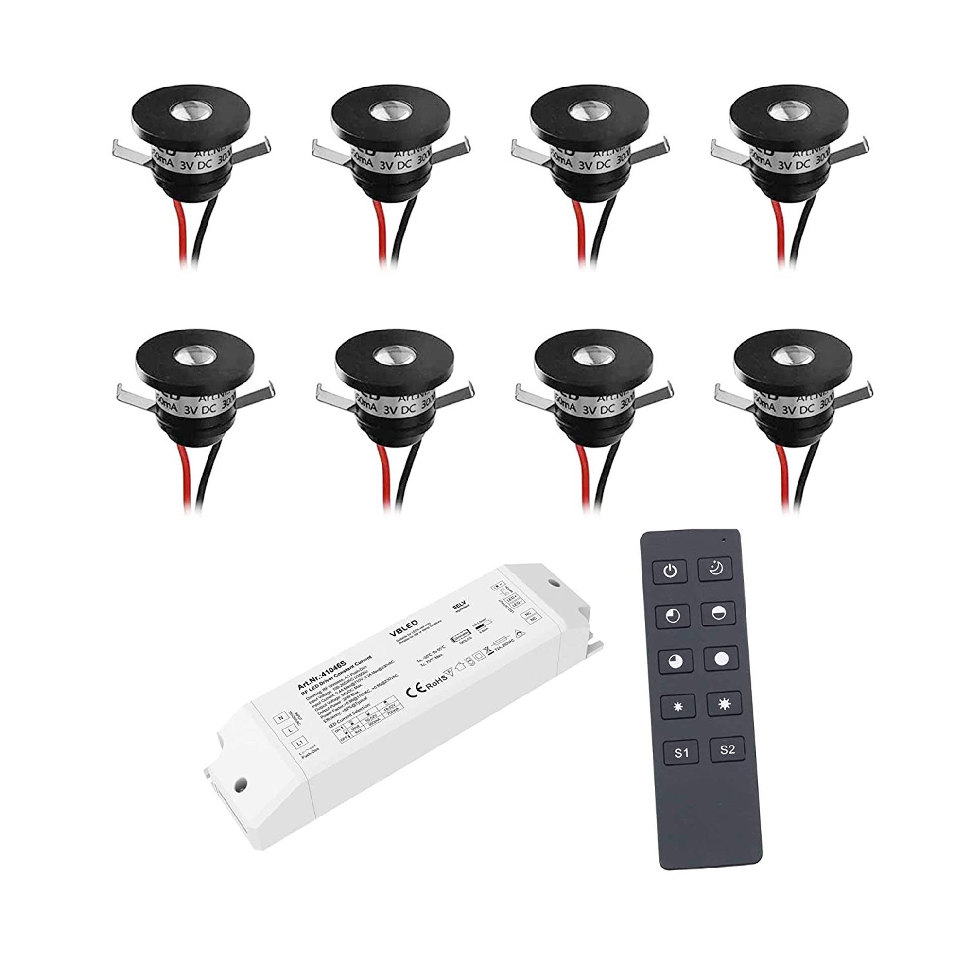 Set of 6 1W LED aluminium mini recessed spotlights, black warm white with RF radio power supply unit and remote control. Set of 6 1W LED aluminium mini recessed spotlights, black warm white with RF radio power supply unit and remote control.