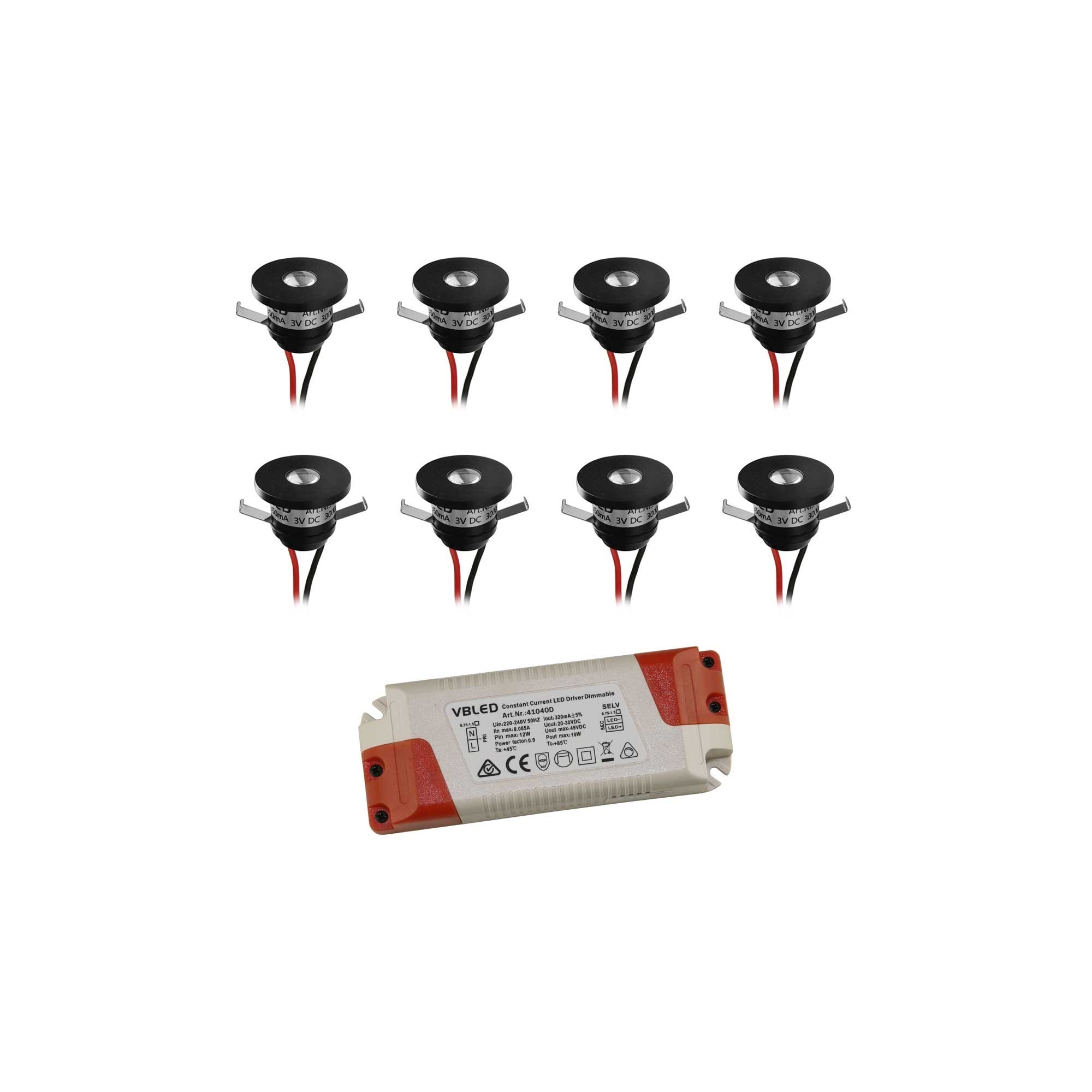 Juego de 8 mini focos empotrables de aluminio LED de 1W blanco cálido con fuente de alimentación regulable - Negro Juego de 8 mini focos empotrables de aluminio LED de 1W blanco cálido con fuente de alimentación regulable - Negro