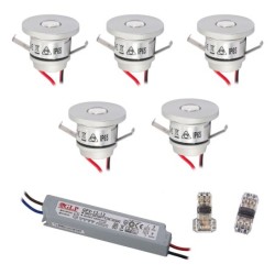 Set di 5 mini faretti da incasso da 1W IP65 bianco caldo con trasformatore da 12W LED 12V DC