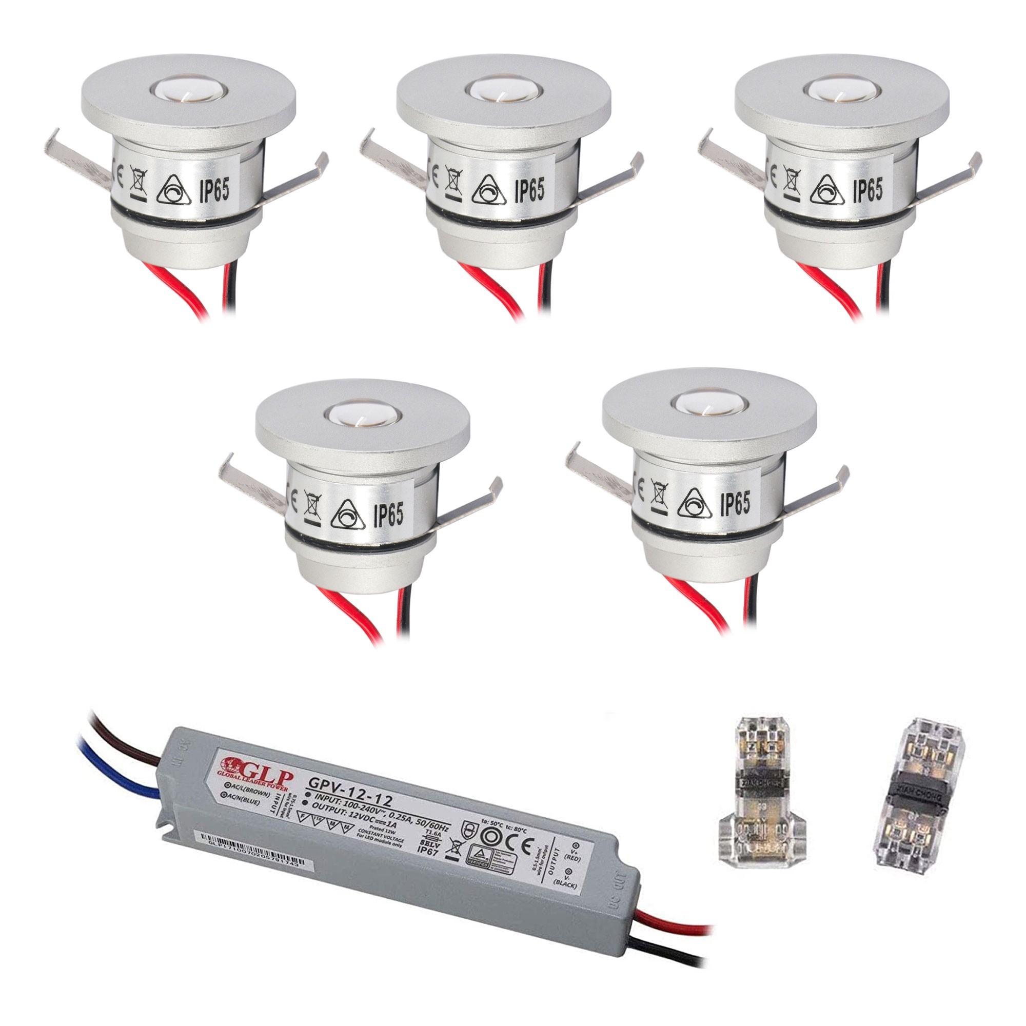 Set di 5 mini faretti da incasso da 1W IP65 bianco caldo con trasformatore da 12W LED 12V DC Set di 5 mini faretti da incasso da 1W IP65 bianco caldo con trasformatore da 12W LED 12V DC