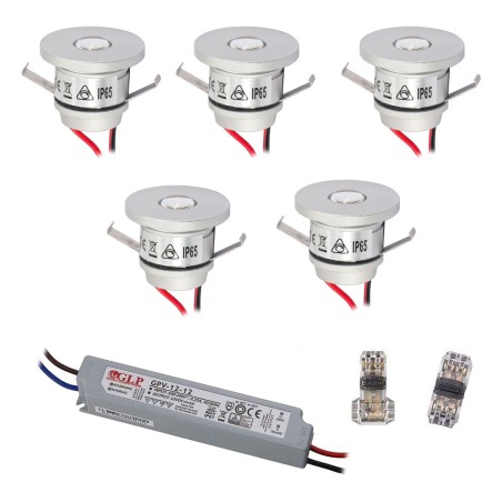 Set de 5 Mini Spot encastrés 1W IP65 Blanc Chaud Incluant Transformateur LED 12W 12V DC