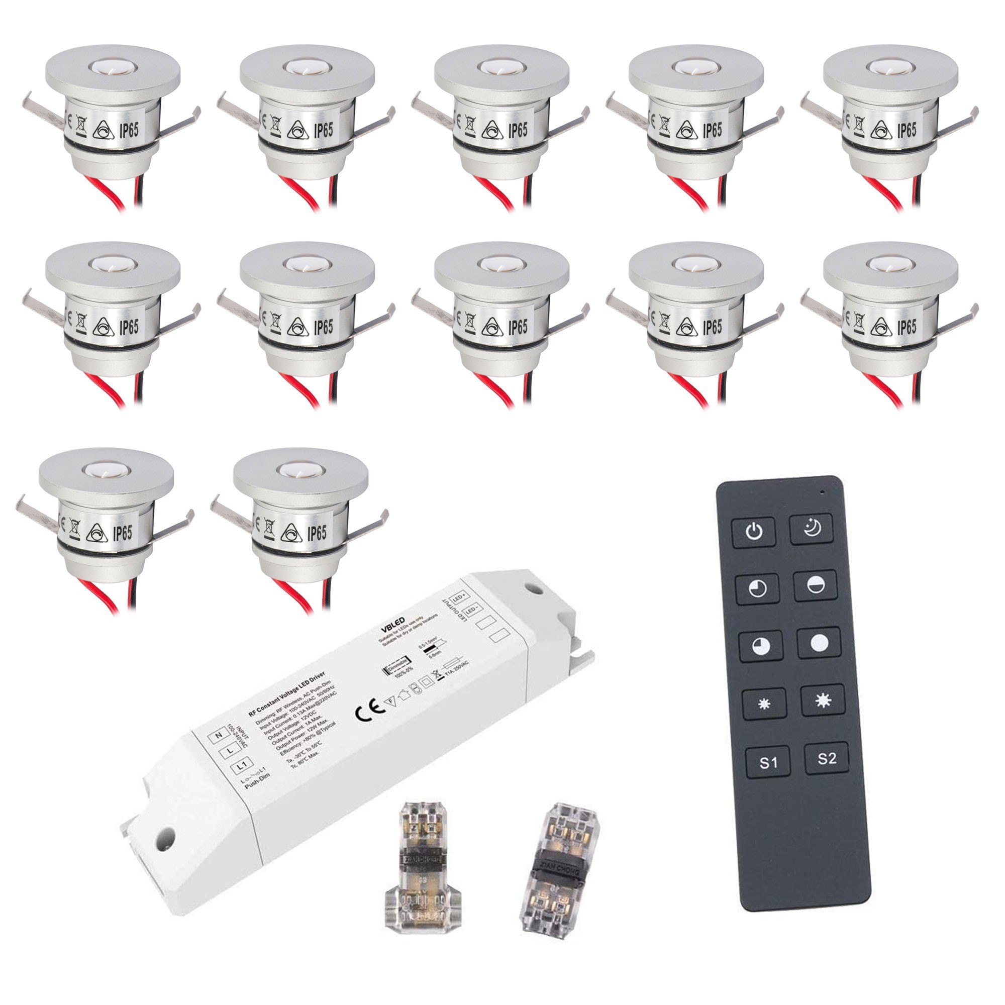 Set of 12 1W LED aluminium mini recessed spotlights warm white with RF radio power supply 12VDC Set of 12 1W LED aluminium mini recessed spotlights warm white with RF radio power supply 12VDC
