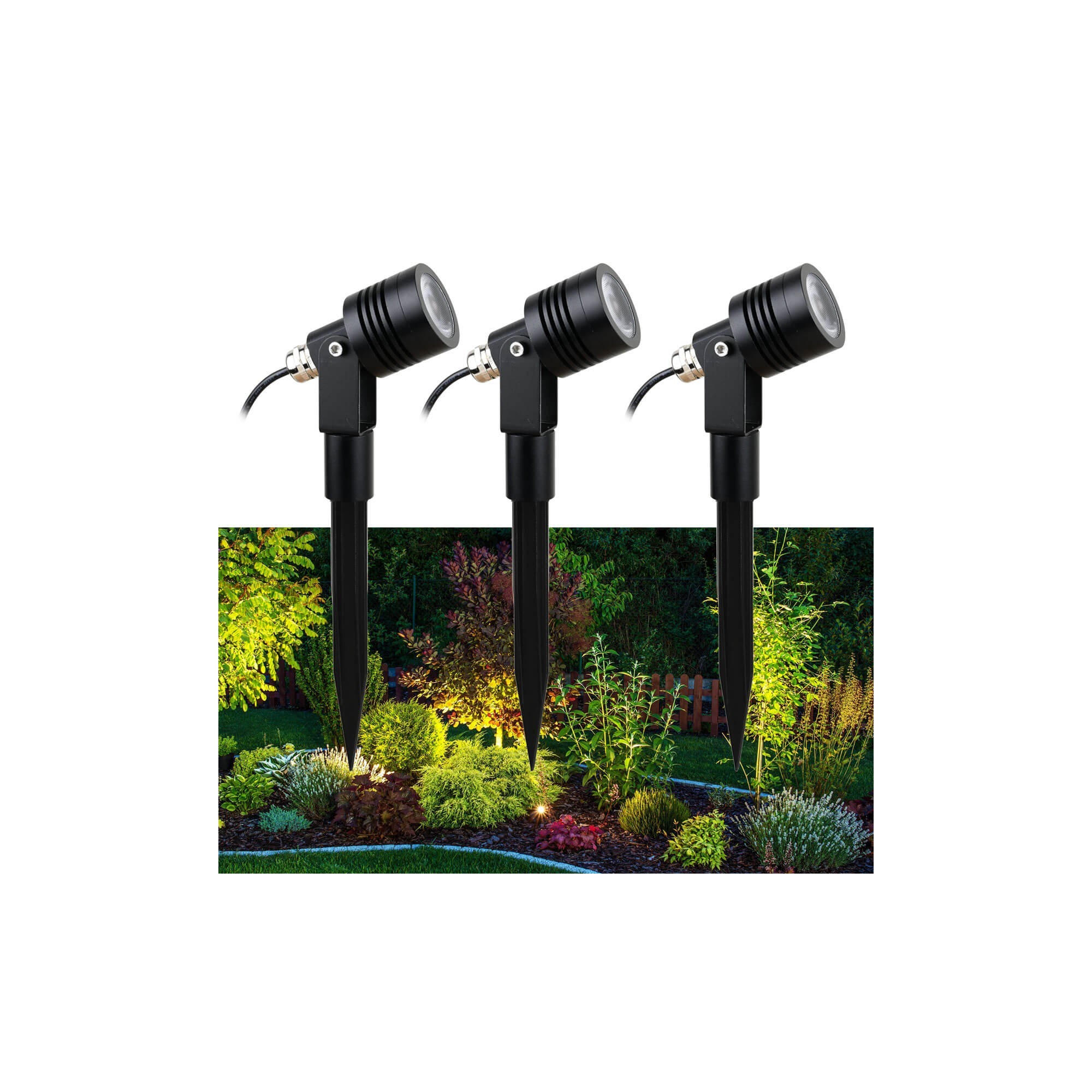 Set van 3 6W LED tuinspots warm wit 12V met voedingsunit en verdeelkabel Set van 3 6W LED tuinspots warm wit 12V met voedingsunit en verdeelkabel