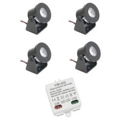 4er Set 1W Mini Aufbau-Strahler Rotier- & Schwenkbar  80lm warmweiß mit 6W 12VDC Netzteil