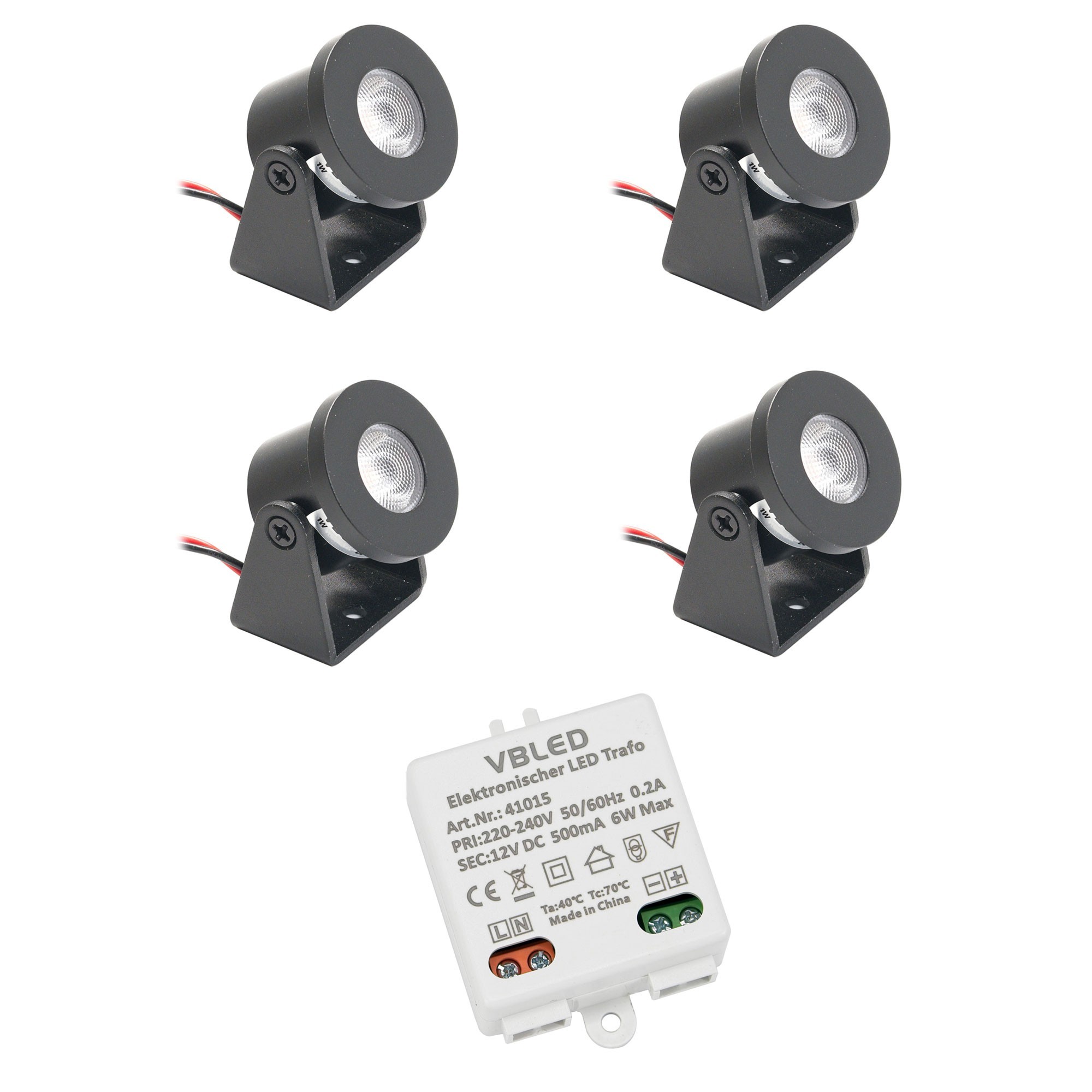 Set di 4 mini faretti da superficie da 1W rotanti e orientabili da 80lm bianco caldo con alimentatore da 6W 12VDC Set di 4 mini faretti da superficie da 1W rotanti e orientabili da 80lm bianco caldo con alimentatore da 6W 12VDC