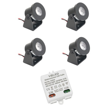 4er Set 1W Mini Aufbau-Strahler Rotier- & Schwenkbar  80lm warmweiß mit 6W 12VDC Netzteil