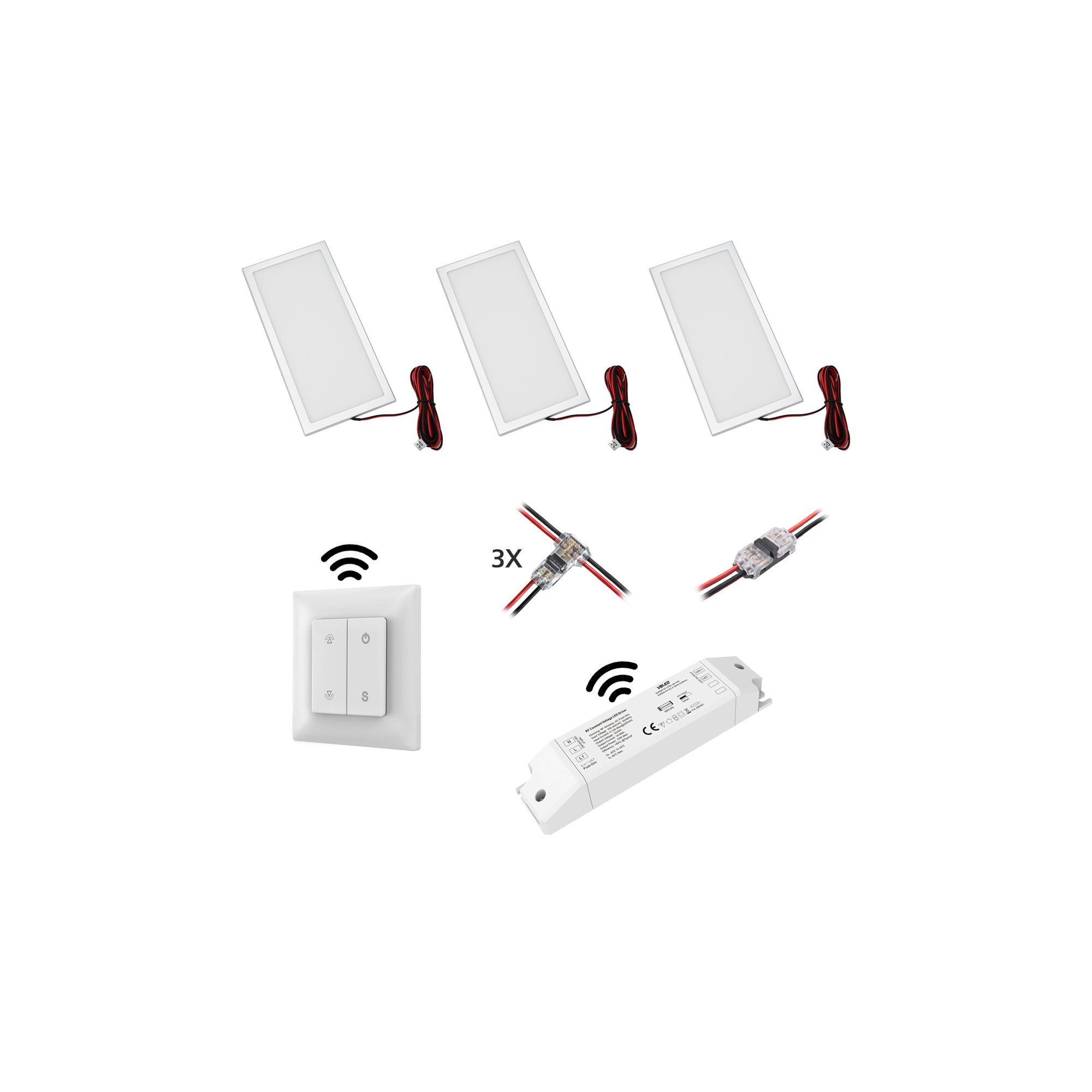 Set di 3 LED Panel mini ultra piatti 7,5W 3000K con alimentatore radio LED e telecomando Set di 3 LED Panel mini ultra piatti 7,5W 3000K con alimentatore radio LED e telecomando