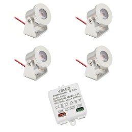 4er Set 1W Mini Aufbau-Strahler Rotier- & Schwenkbar  80lm warmweiß mit 6W 12VDC Netzteil