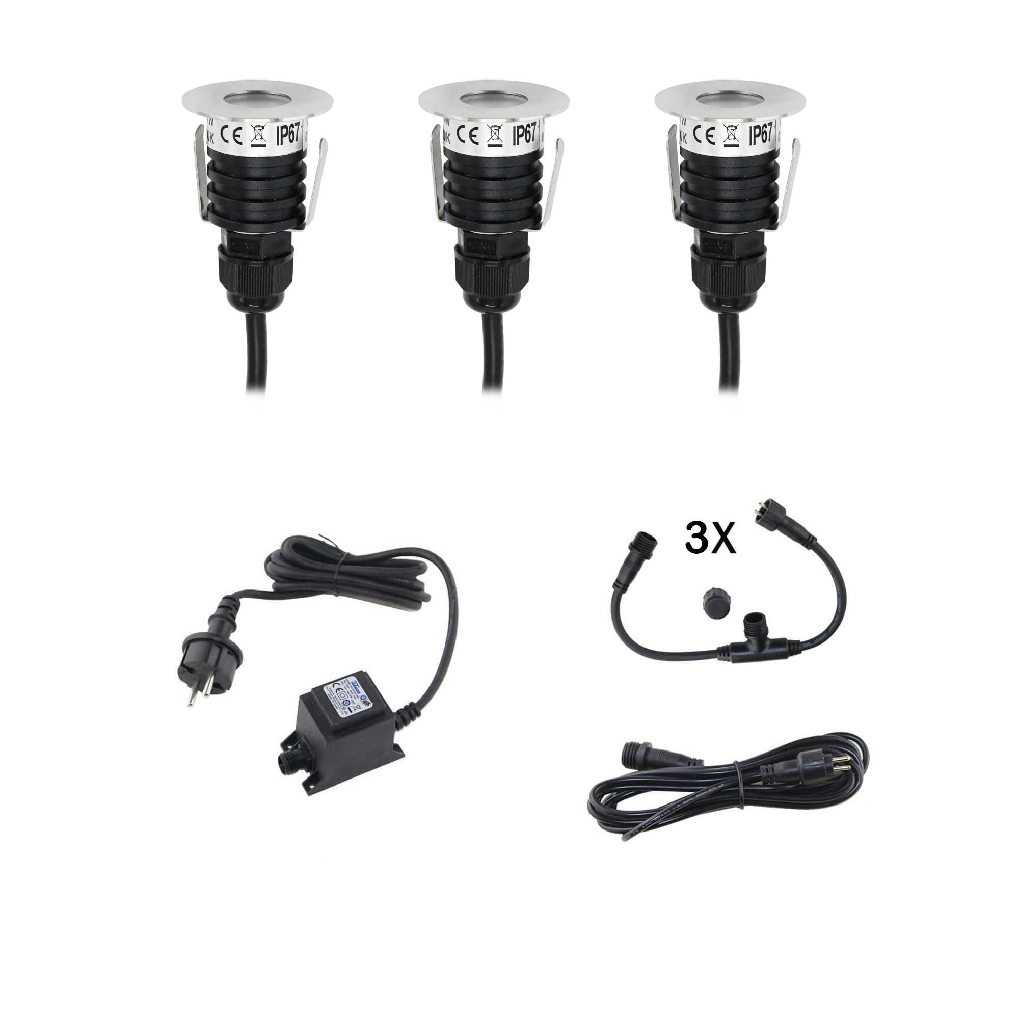 Mini illuminazione per patio Luce da incasso a pavimento incl. alimentatore e cavo (set di 3) Mini illuminazione per patio Luce da incasso a pavimento incl. alimentatore e cavo (set di 3)