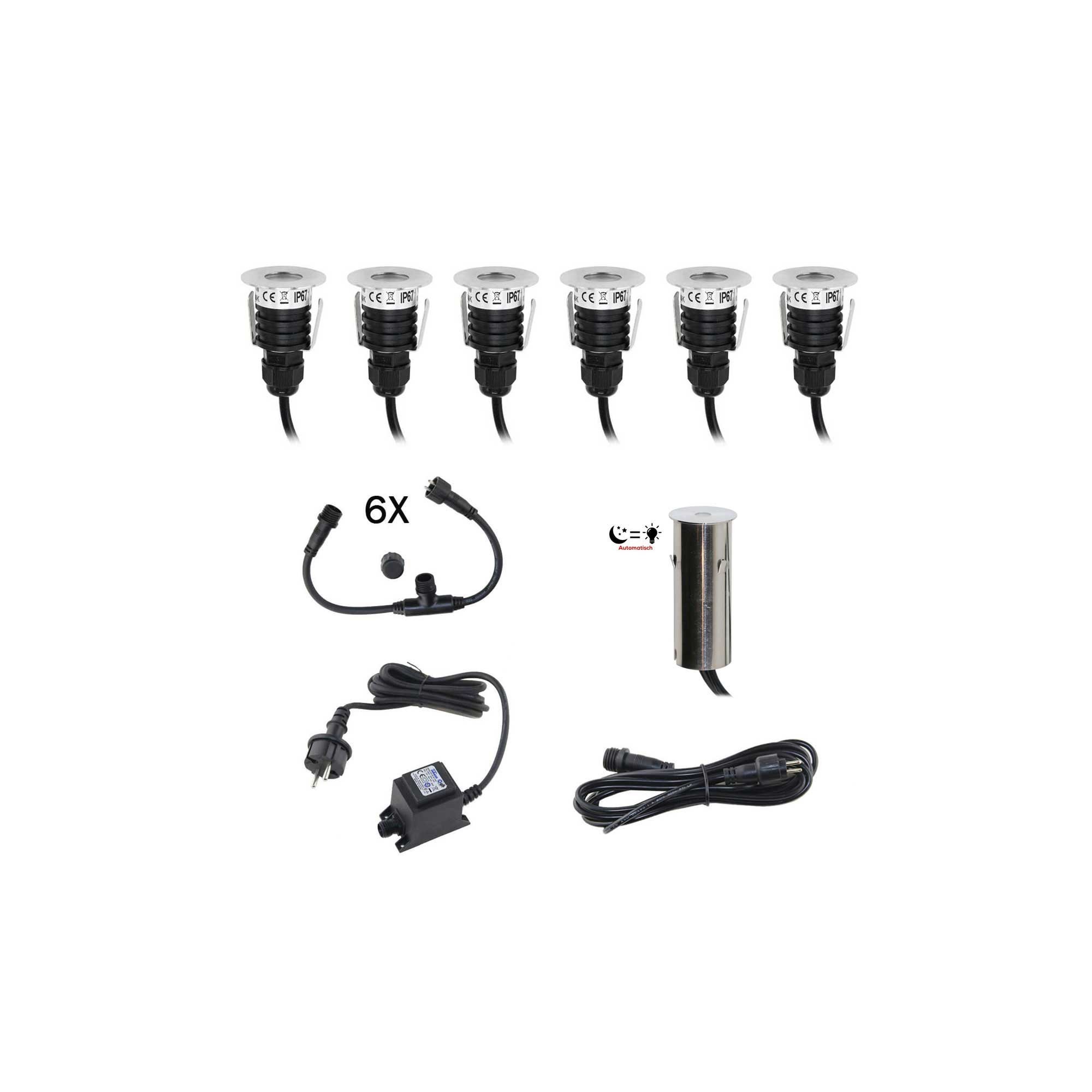 Foco empotrable de suelo mini LED KIT 6 piezas incl. sensor crepuscular Redondo Foco empotrable de suelo mini LED KIT 6 piezas incl. sensor crepuscular Redondo