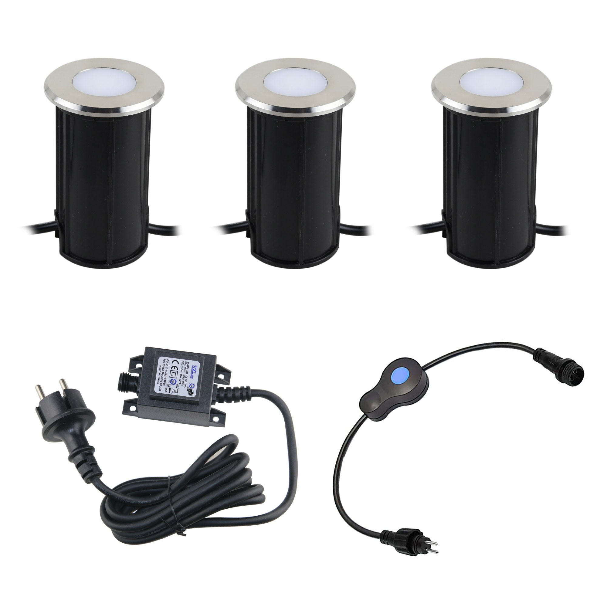 Set di 3 luci da incasso a pavimento a LED in acciaio inox, rotonde, 12V, dimmer a 3 livelli (0,3W-0,6W-1W) Set di 3 luci da incasso a pavimento a LED in acciaio inox, rotonde, 12V, dimmer a 3 livelli (0,3W-0,6W-1W)