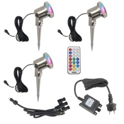 Juego de 3 luces LED para estanque / luz para estanque de jardín 12V, de acero inoxidable IP68 con bombilla RGBW MR16 y transfor Juego de 3 luces LED para estanque / luz para estanque de jardín 12V, de acero inoxidable IP68 con bombilla RGBW MR16 y transfor