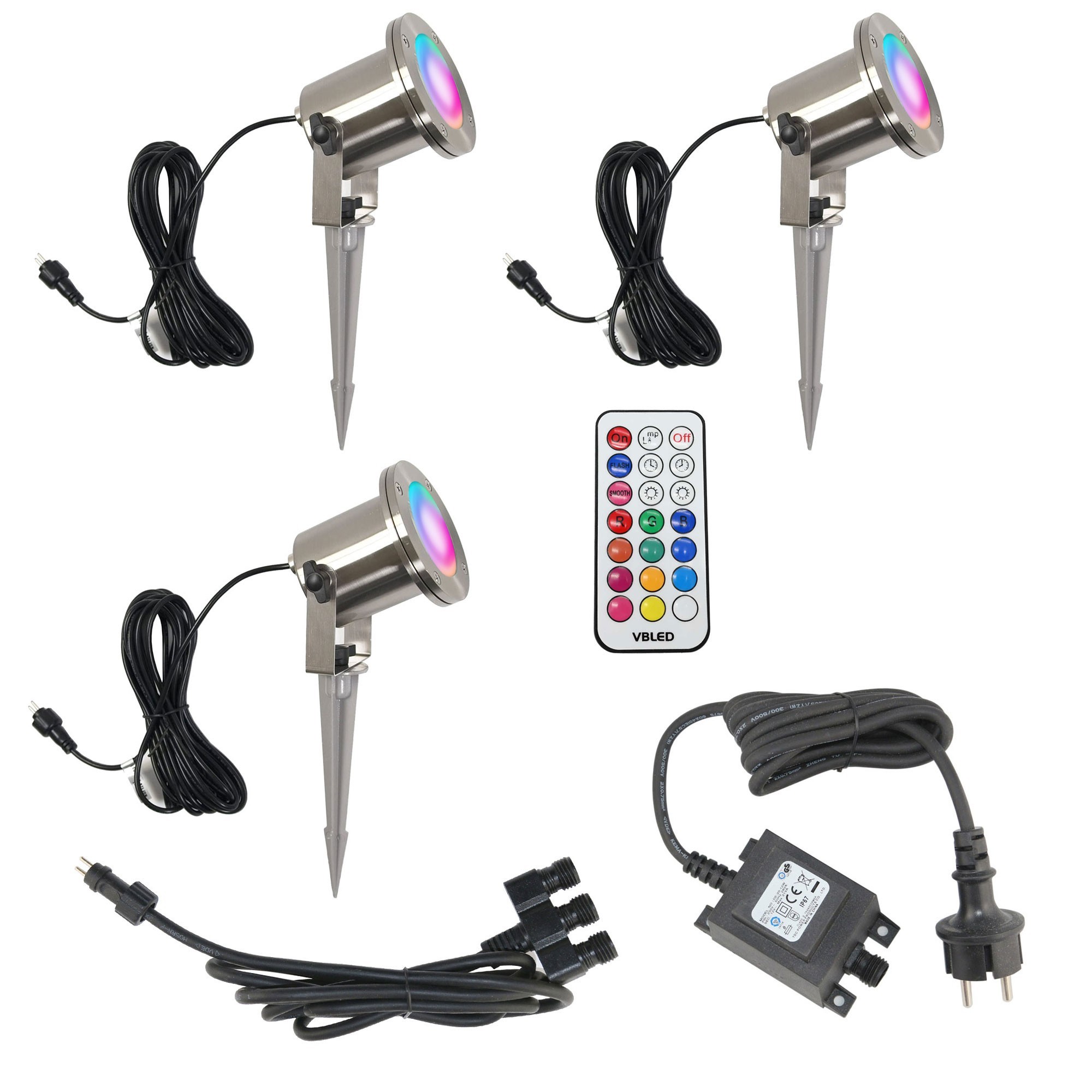 3er Set LED-Teichstrahler / Gartenteich Licht 12V, aus Edelstahl IP68 mit RGBW MR16 Leuchtmittel und Trafo 3er Set LED-Teichstrahler / Gartenteich Licht 12V, aus Edelstahl IP68 mit RGBW MR16 Leuchtmittel und Trafo