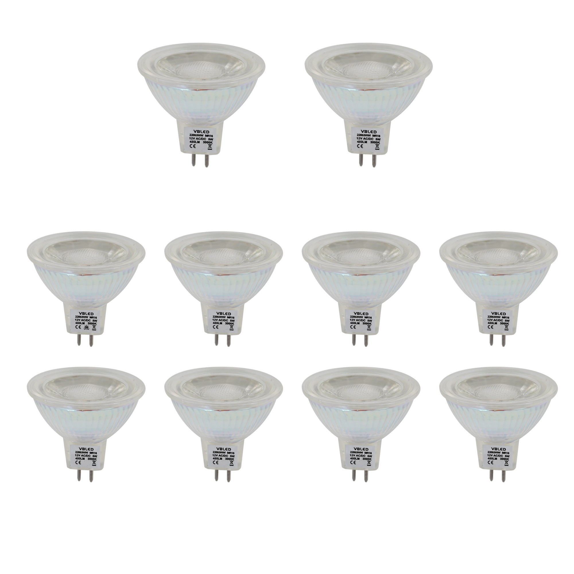 10er-Set MR16 GU5.3 LED Lampen, dimmbar, 450LM, 5W Ersatz für 50W Halogenlampen, Warmweiß(2900K), 12V AC/DC 10er-Set MR16 GU5.3 LED Lampen, dimmbar, 450LM, 5W Ersatz für 50W Halogenlampen, Warmweiß(2900K), 12V AC/DC