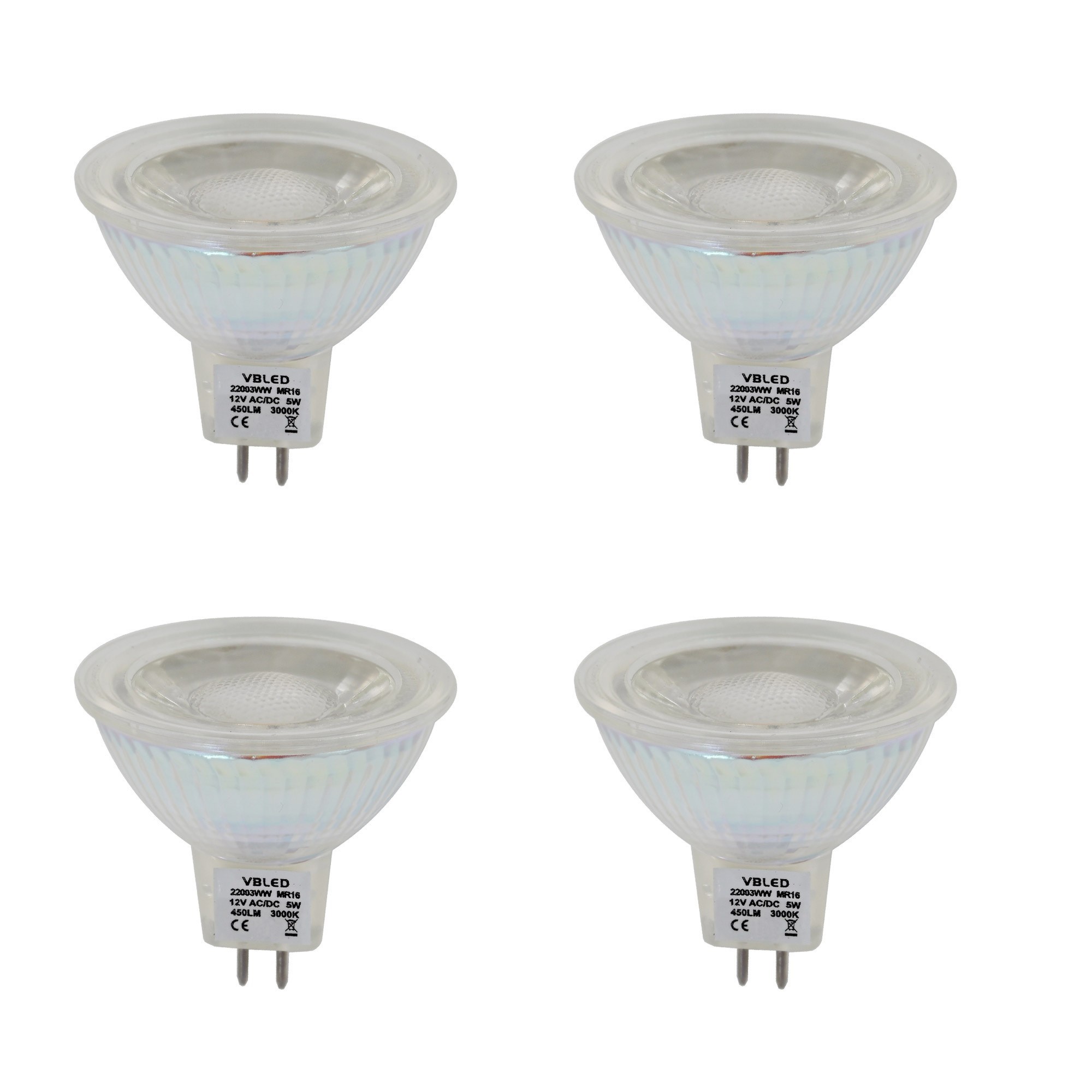 Lot de 4 ampoules LED MR16 GU5.3, 450LM, 5W remplacement des ampoules halogènes 50W, blanc chaud (2900K), non gradable Lot de 4 ampoules LED MR16 GU5.3, 450LM, 5W remplacement des ampoules halogènes 50W, blanc chaud (2900K), non gradable